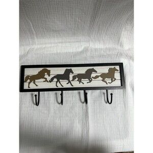 Horse Wood Wall Hanging Rack 4Hook Brown Western Cowboy Hat Coat Rack